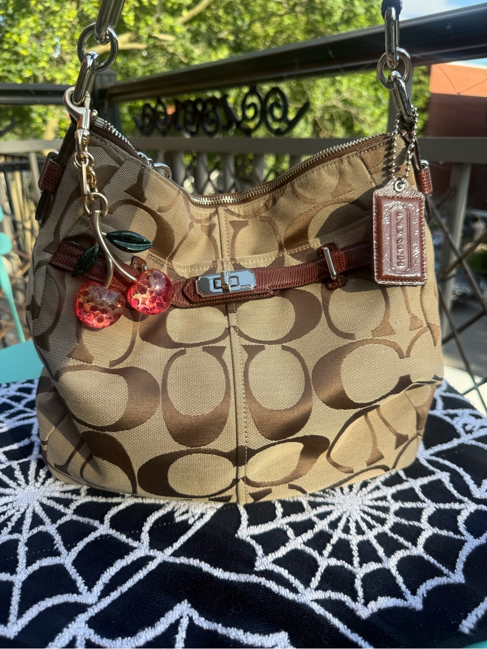 Coach Khaki/Tan Signature Canvas Shoulder Hobo with Cherry Charm